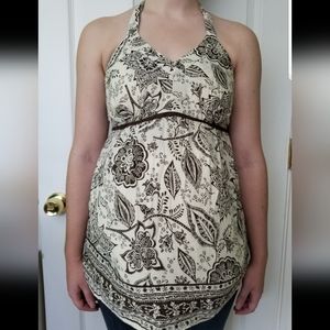 Motherhood Maternity Cream with Brown Floral V-Neck Halter Top Size M